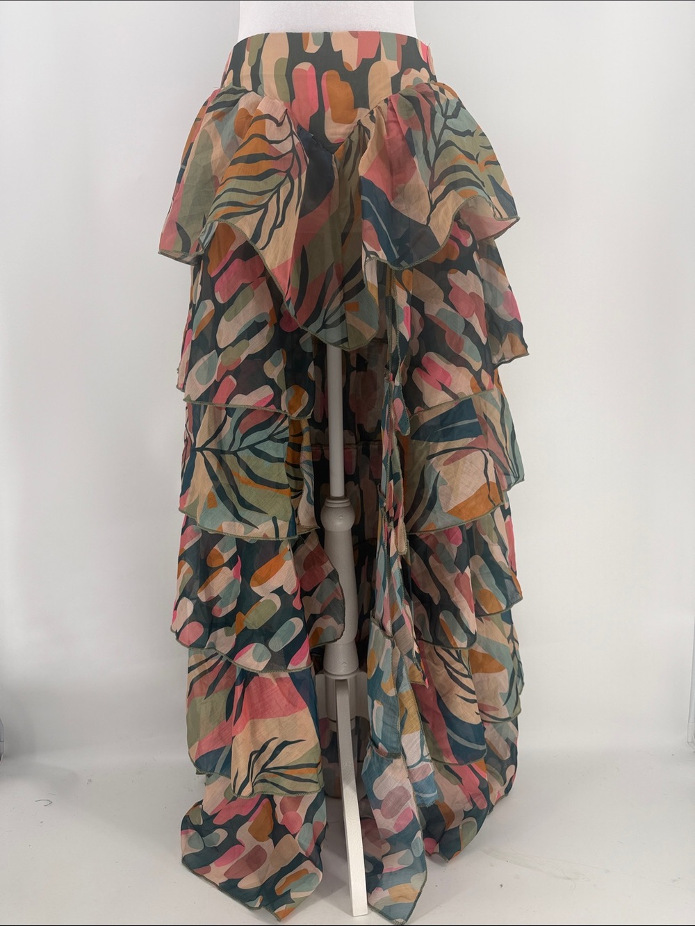 Love, Highlight Tiered Ruffle Maxi Skirt Boho Tropical Print Sz S